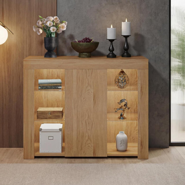Cabinet Cupboard Sideboard TV Unit Matt Body and High Gloss Doors + LED Light Display Cabinet Storage Unit for Living Room Bedroom