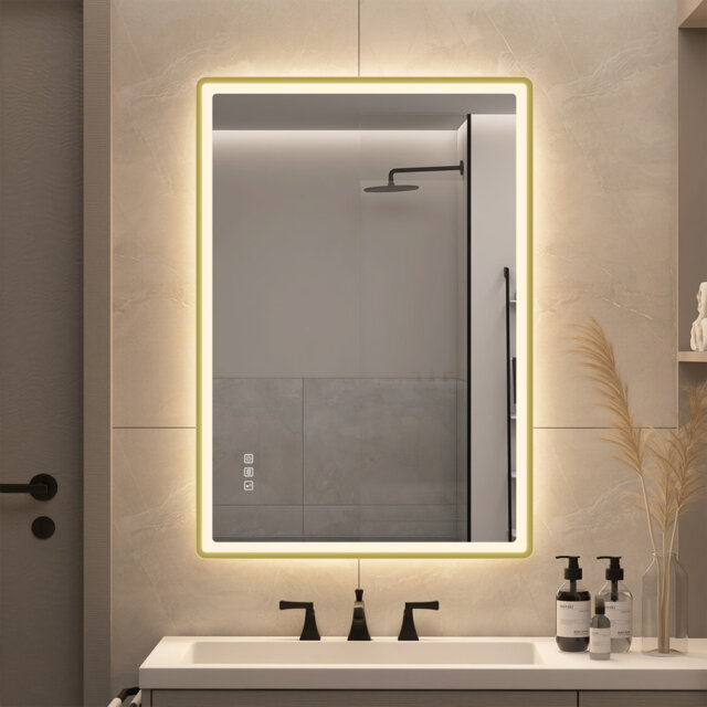 Anti-Fog Rectangular LED Bathroom Mirror, Frameless Gold Spray Edge, Touch Control Mirror