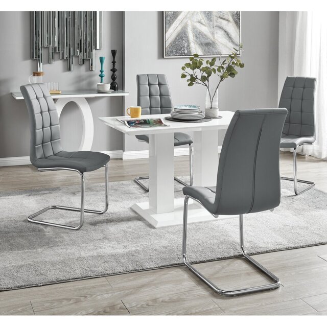 Edzard Double Pedestal High Gloss Dining Table Set with 4 Modern Faux Leather Dining Chairs
