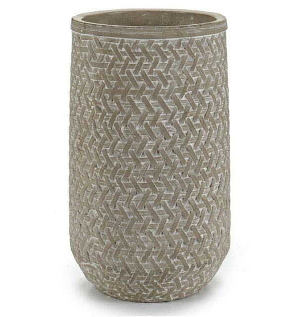 25Cm Grey Cylinder Vase Cement Distressed Rattan Design Decorative Flower Vase