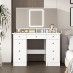 Capricia 110cm Wide Dressing Table with 9 Drawers & Tempered Glass Top - Hidden Mirror Storage Vanity - White