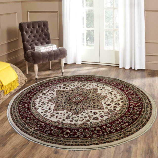 Non Slip Traditional Round Rug 120x120 cm â Turkish Polypropylene Carpet for Living Room, Bedroom & Dining Room