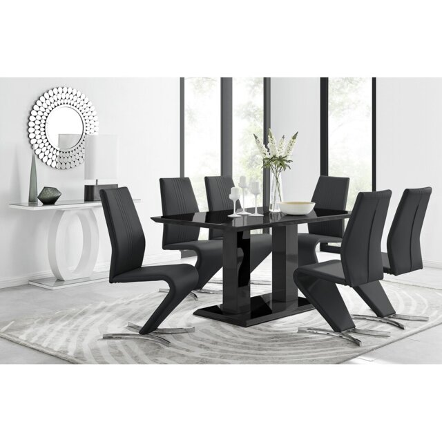 Edzard Double Pedestal High Gloss Dining Table Set with 6 Modern Faux Leather Dining Chairs