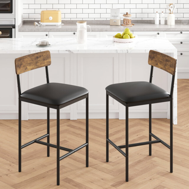 Modern Bar Stools, Upholstered Leather with Backrest and Footrests, Rustic Brown, Set of 2, 42x95x37.8cm