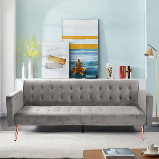 Plush Velvet Sofa Bed In Green With Gold Metal Legs