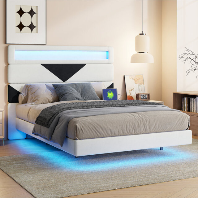 Velvet Upholstered Floating Bed With Geometric Headboard, LED Lighting & USB Charging Ports