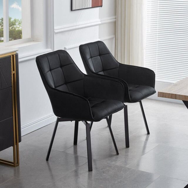 2 X Dining Chair, Velvet Padded Seat 360°Swivel Armchair With Backrest And Metal Legs, Black