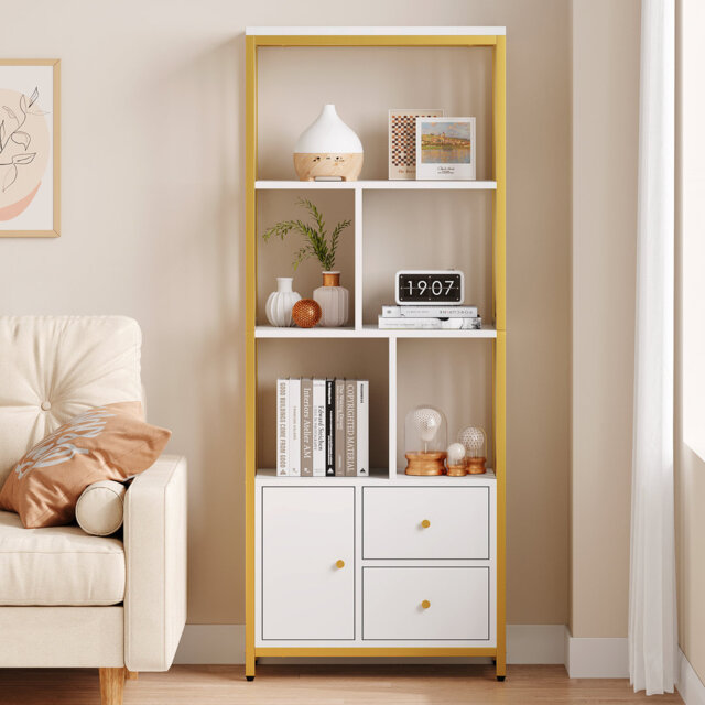 "Modern Tall Bookshelf with Doors, 73.6"" Industrial Bookcase with Cabinet, 4-Tier Wood and Metal Storage Shelf, Large Vintage Display Rack for Living R"