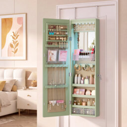 Jewelry Cabinets with Mirror and LED Lights, Door Hanging/Wall Mounted Jewelry Armoire