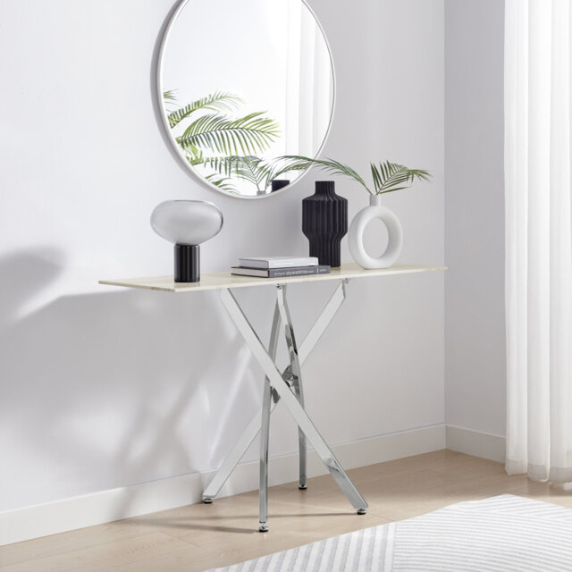 Atal Marble Effect Console Table - Glass Topped Metal Leg Narrow Hallway Console Table