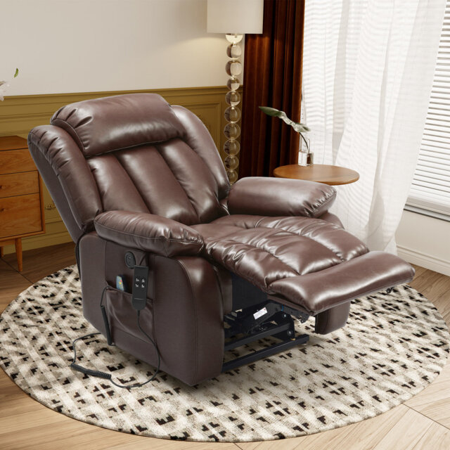 Albrechtice Lay Flat Power Recliner, Dual Motor Leather Lift Chair for Elderly with Massage & Heating