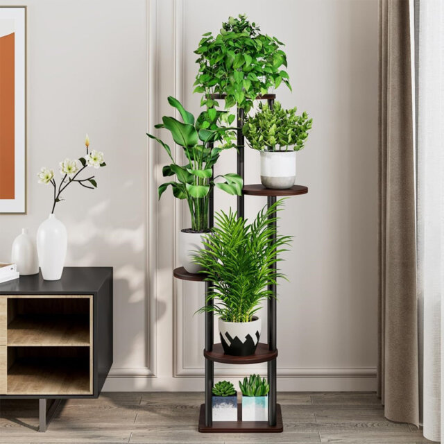 Plant Stand Indoor 5 Tier Metal Plant Shelf for Multiple Plants Corner Tall Flower Holders (Black Oak)
