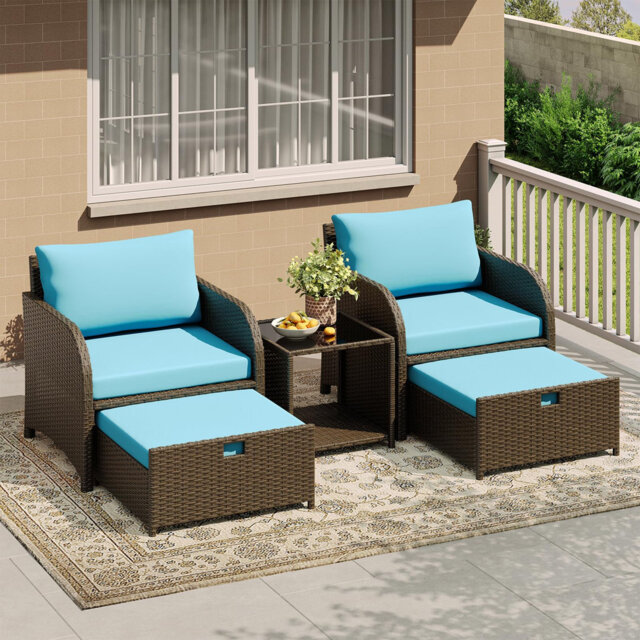 5-Piece Outdoor Rattan Sofa Set, All-Weather Wicker Patio Furniture with Tempered Glass Coffee Table, Lounge Chairs, Ottomans, Thick Cushions, Perfect