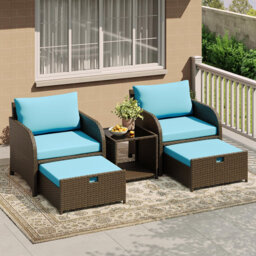 5-Piece Outdoor Rattan Sofa Set, All-Weather Wicker Patio Furniture with Tempered Glass Coffee Table, Lounge Chairs, Ottomans, Thick Cushions, Perfect