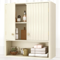 Beige Wall Mounted Wooden Bathroom Storage Cupboard, Double Fluted Door Cabinet with Adjustable Shelf, Over Toilet Wall Storage Furniture