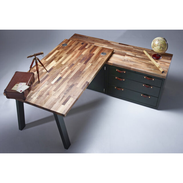 Elibeth L-Shaped Solid Wood Top Metal Base Executive Desk