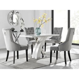 Marietta Chrome Metal & White High Gloss Dining Table Set - 4 Button Luxury Velvet Dining Chairs