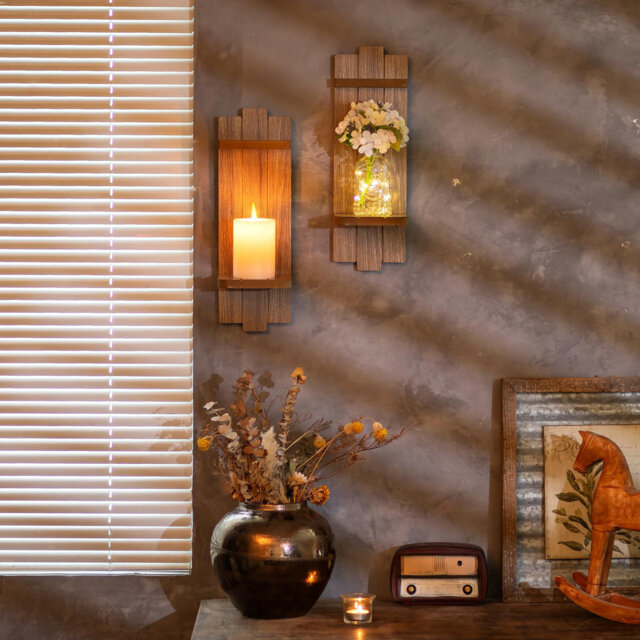 Wall Candle Holders Set Of 2: Wooden Candle Sconces Vingtage Wall Art Decor