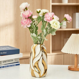 Cream White Ceramic Decorative Vase with Gold Detailing, Small Modern Flower Vase Ideal for Pampas Grass, Farmhouse Home Ornament for Coffee Tables &