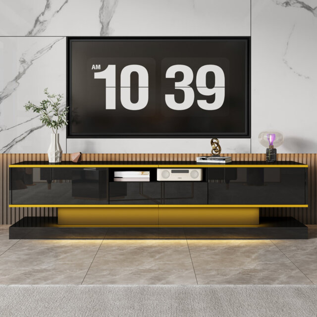 Modern Tv Stand With 3 Drawers - 180Cm, High-Gloss Finish, Gold Accents & Led Lights