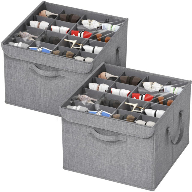 Shoe Organizer For Closet, Adjustable Dividers Shoe Storage Fits 16 Pairs, Clear Cover Shoe Box Fits For Boots Heels Sneakers, Foldable Storage Bins W