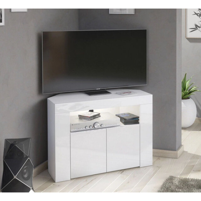 Clifton07 White Corner TV Stand for TVs up to 43in with White LED Lights