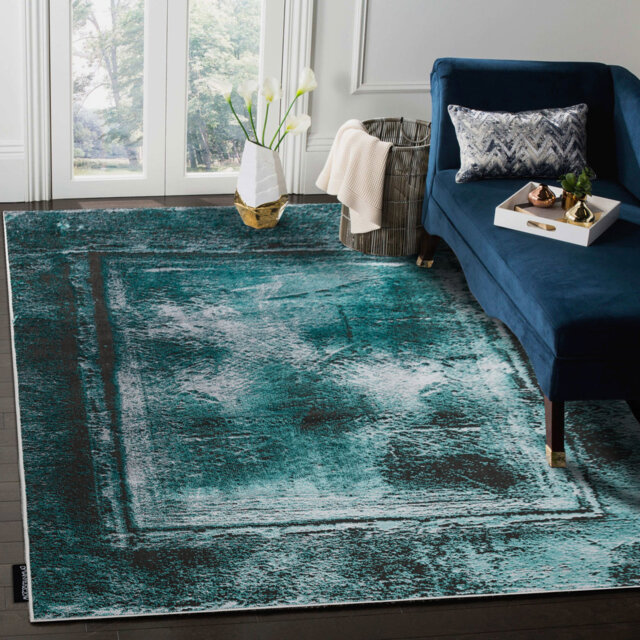 Modern de Luxe rug for the living room, bedroom, vintage frame - textured green / anthracite