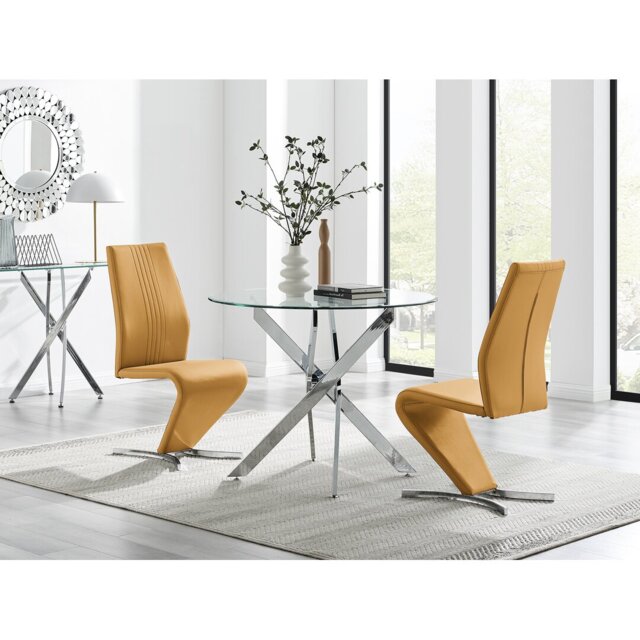 Tierra Modern Chrome Metal & Glass Round Dining Table Set with 2 Modern Design Faux Leather Chairs