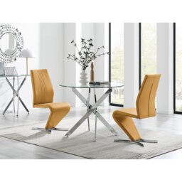 Tierra Modern Chrome Metal & Glass Round Dining Table Set with 2 Modern Design Faux Leather Chairs