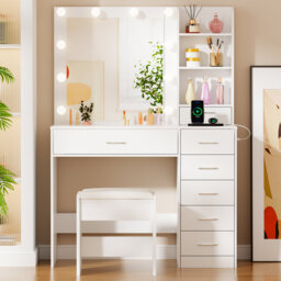 Elowen 90cm Wide Dressing Table with Led Mirror & Power Outlet, 7 Drawers and 3 Shelves