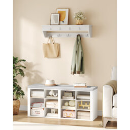 Shoe Storage with Seat and Coat Hooks, Shoe Bench with 12 Open Compartments and Wall Rack, Coat Rack with 9 Hooks, Adjustable Shelves for Hallway, Liv