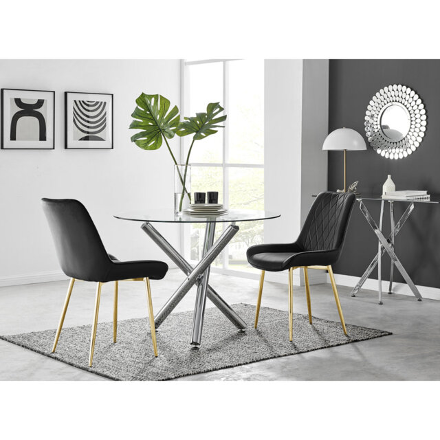 Seline Modern Round Dining Table Set in Glass and Chrome with 2 Luxury Velvet Leather Chairs