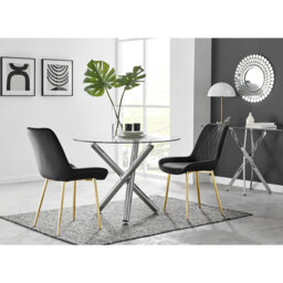 Seline Modern Round Dining Table Set in Glass and Chrome with 2 Luxury Velvet Leather Chairs