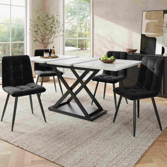 Extendable Dining Table Set With 4 Velvet Chairs, Marble Table, Stylish And Modern Design For Kitchen, 160l X 80w X 75h Cm, White+black