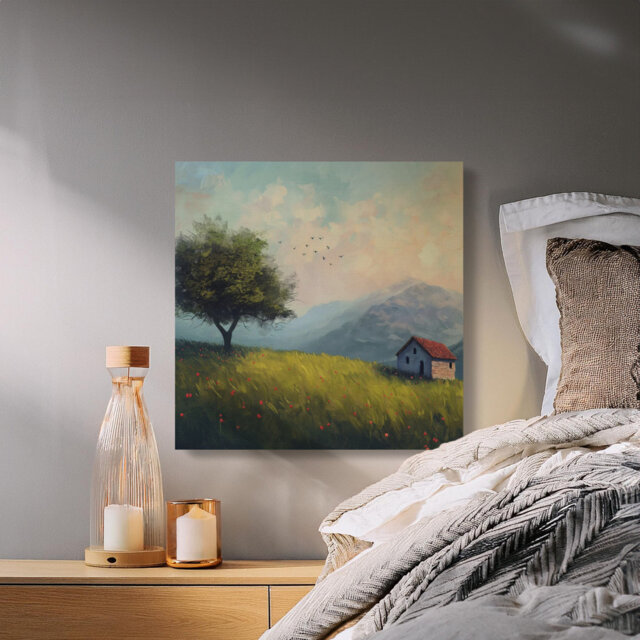 Landscape Canvas Wall Art, Countryside Cottage, Tree and Birds, Gallery Wrapped, Ready to Hang, Archival Quality, Modern Home Decor