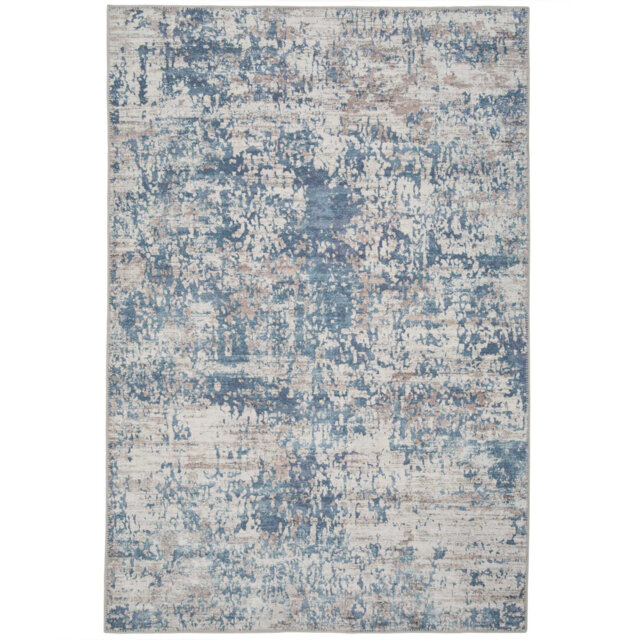 Machine Washable Blue Beige Modern Abstract Distressed Living Room Area Rug