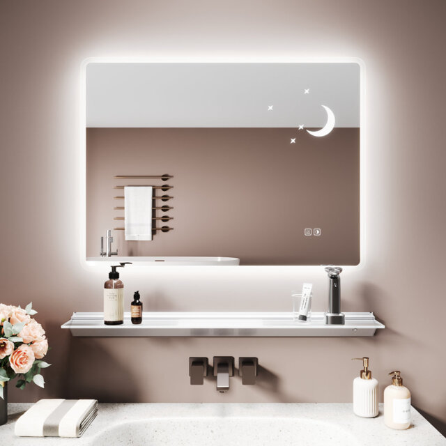 Star-Moon LED Bathroom Mirror & Triangular LED Shelf, Anti-Fog, Dimmable, Aluminum Glass, UKCA/CE/IP44 Certified