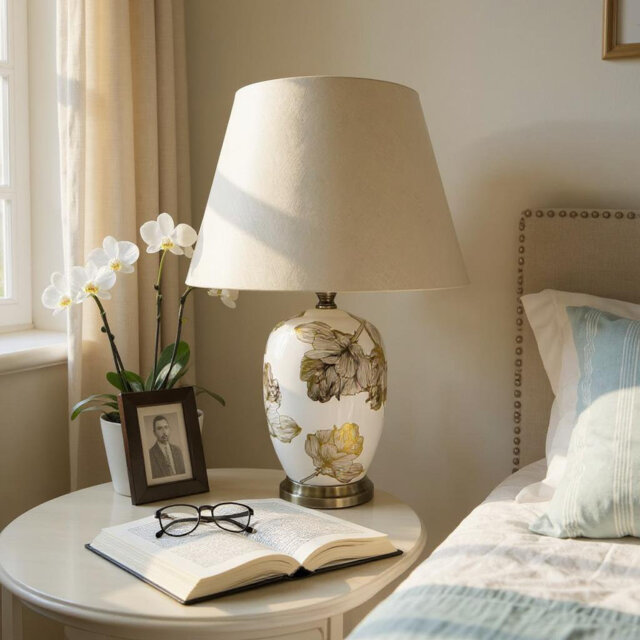 61cm Ceramic Table Lamp with Fabric Shade Textured Base - Elegant Bedside or Living Room Accent Lighting