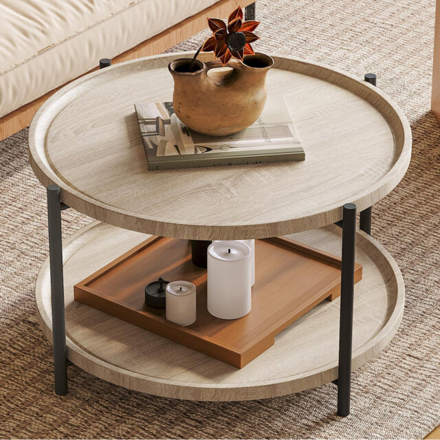 29.3” Round Coffee Table for Living Room, 2-Tier Wooden Coffee Table with Natural Wood Texture & Storage Open Shelf, Sturdy Metal Legs & Thickened Edg