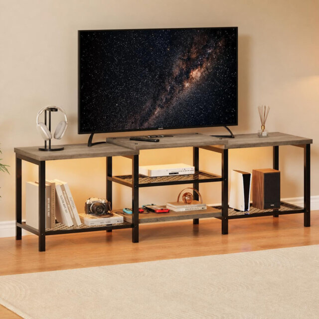 67 Inch TV Stand with LED Lights and Power Outlets for 55/65/75 Inch TVs, Entertainment Center Media Console with Storage for Living Room and Bedroom