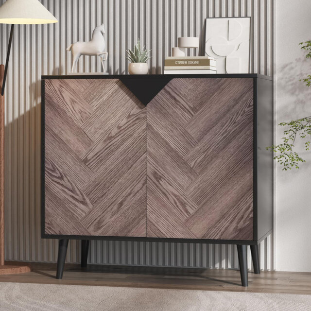 31.5 Inch Storage Cabinet with Doors & Shelf, Modern Wood Finish Sideboard Buffet for Dining Room, Living Room, Entryway, Black and Walnut Accent Cabi