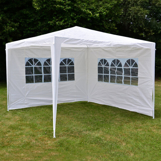 3m x 3m garden gazebo. Includes 2 side walls with 3 windows each. Material: PE tarpaulin, 110gsm, white festival tent shelter