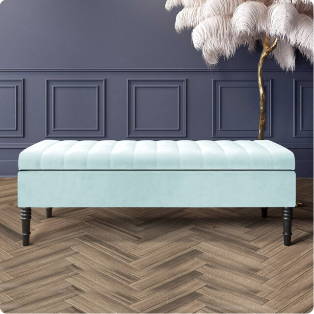 Safar Striped Ottoman Storage Bench – Upholstery Plush Velvet Shoe Bench with Black Turned Wooden Legs