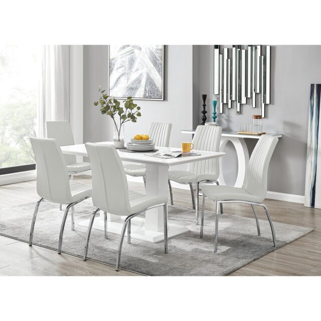 Edzard Double Pedestal High Gloss Dining Table Set with 6 Soft Touch Faux Leather Dining Chairs