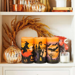 3 Pack Halloween Flameless LED Candles - 6-Hour Timer, Battery-Operated Wax with Witch/Bats/Castle Decals, Flickering for Decor