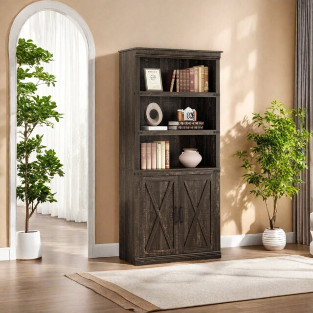 Farmhouse Bookcases With Doors, Wooden Tall Bookshelf And Bookcase