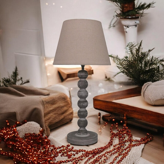 Aidric Rustic Country Table Lamp - Solid Wood Base with Fabric Shade Decorative Lighting for Bedside or Living Room