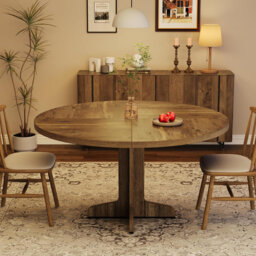 120 cm Round Dining Table for 4-6, Wood with Sturdy Base & Adjustable Feet, Space-Saving