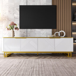 TV Cabinet with Four Doors, Gold Geometric Texture, Cable Holes, Metal Frame