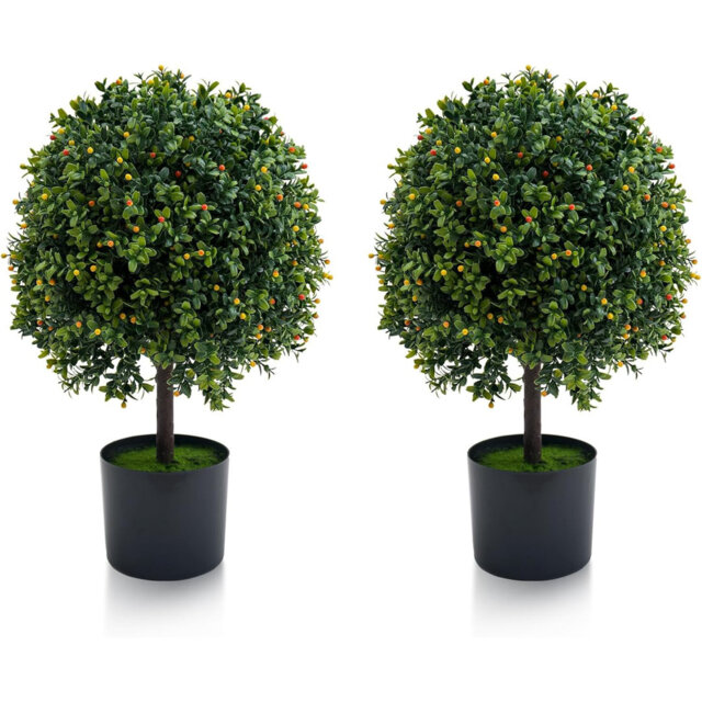 "20"" Artificial Topiary Trees Set of 2 with Fruits, Fake Boxwood Balls in Nursery Pot, Faux Plants for Indoor Outdoor Garden Decor"